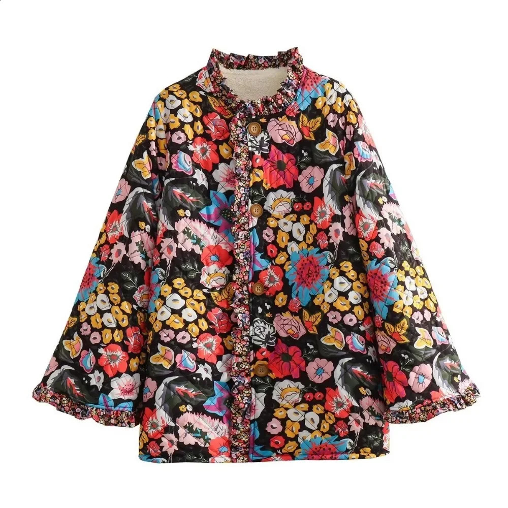 Quilted Jacket Woman Autumn Winter Flower Printed Vintage Demi-season Jacket for Women Coats Tweed Warm Lamb Wool Coat 240819