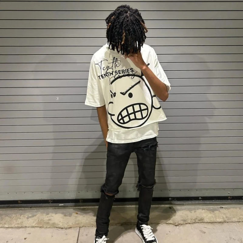 Y2K Men T-shirt Street Style Cartoon ren Pattern Printed Short Sleeve Harajuku Hip Hop Fashion Large Couple T-shirt 240819
