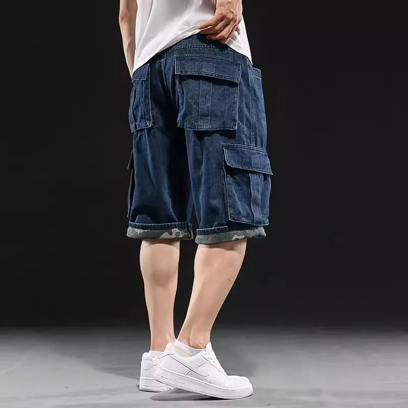 Retro Yellow Multi Pocket Work Cargo 7 Point Denim Shorts Mens Wide-leg Loose Fat Jeans Shorts Plus Size 42 44 240816