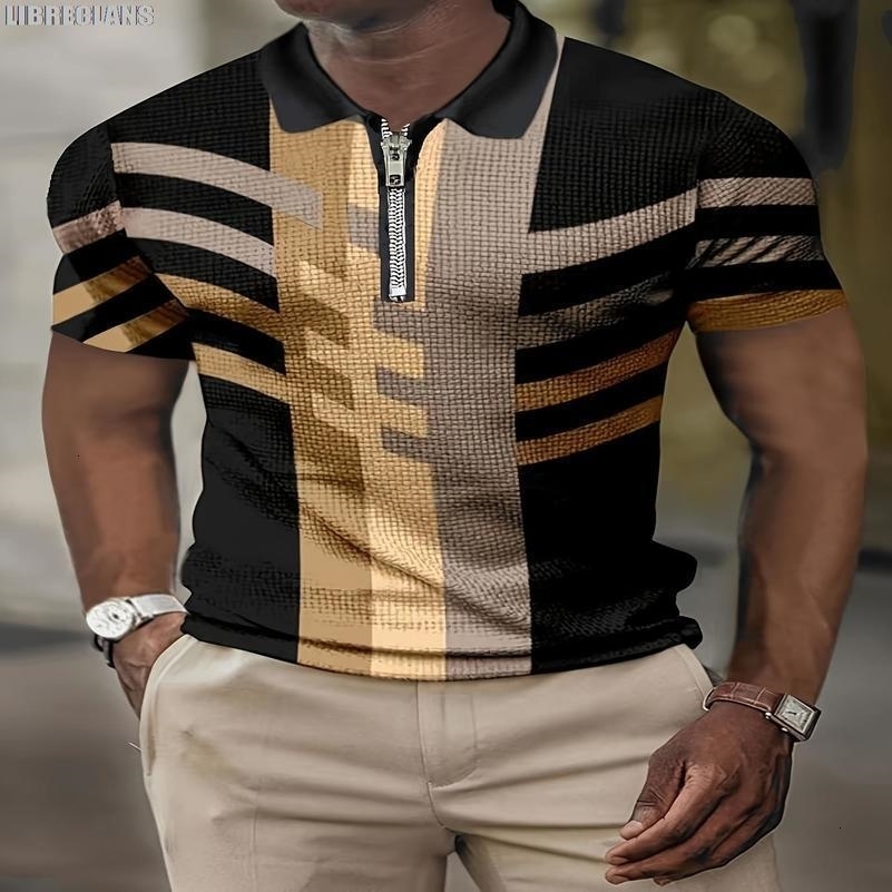 Mens Short-Sleeved POLO Shirt Summer Retro Striped 3D Printed Top Zipper Lapel Slim POLO Mens Casual Clothing 240816