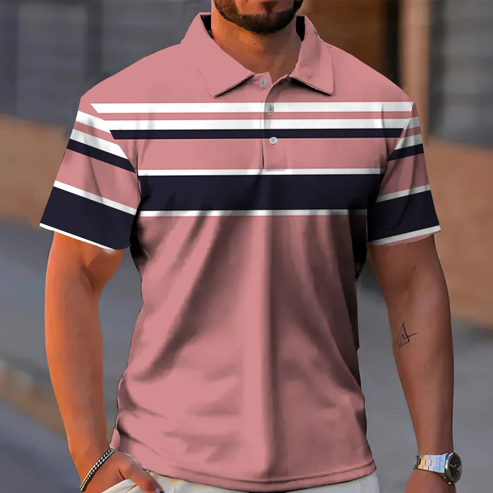 Business Casual Golf Mens Polo Shirts Summer Fashion Short-Sleeve T Shirt Gradient Line Printing Tops Daily Oversized Poloshirt 240816