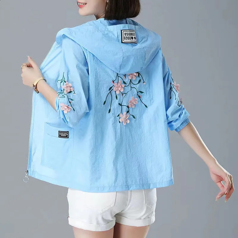 Embroidery Print Hooded Thin Coat Spring Summer Oversize 5xl Loose Jackets Women Casual Sun Protection Outwear Elegant Chaquetas 240819