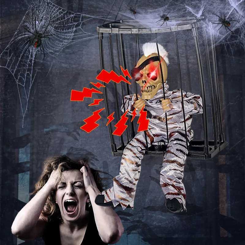Halloween Scary Skeleton Prisoner Talking Let Me Out With Light Animatronic Prank Speaking Props Hangable Ghost Halloween Decor CL240819
