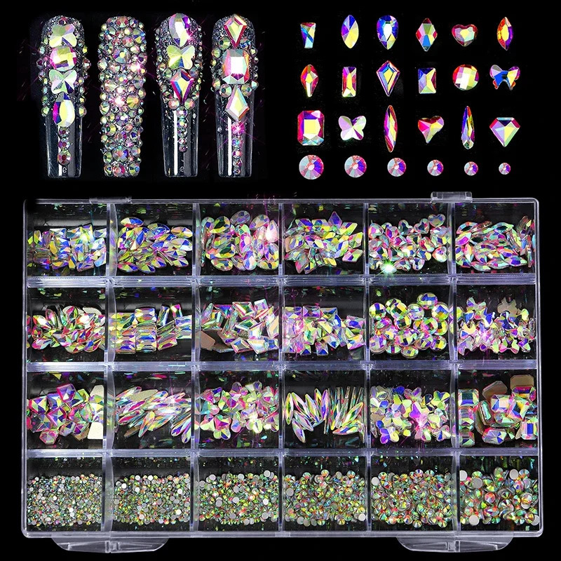 24grids Mixed Shapes Jewelry Shiny Diamond For Nail Art Decorations DIY Glass Crystal Set with Dot Drill Pen 240814