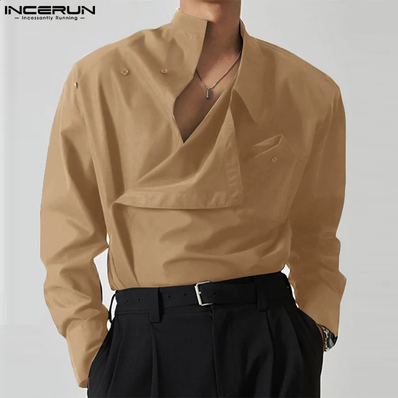 INCERUN Tops Korean Style Mens Diagonal Placket Solid Simple All-match Blouse Fashion Casual Long Sleeved Shirts S-5XL 240816