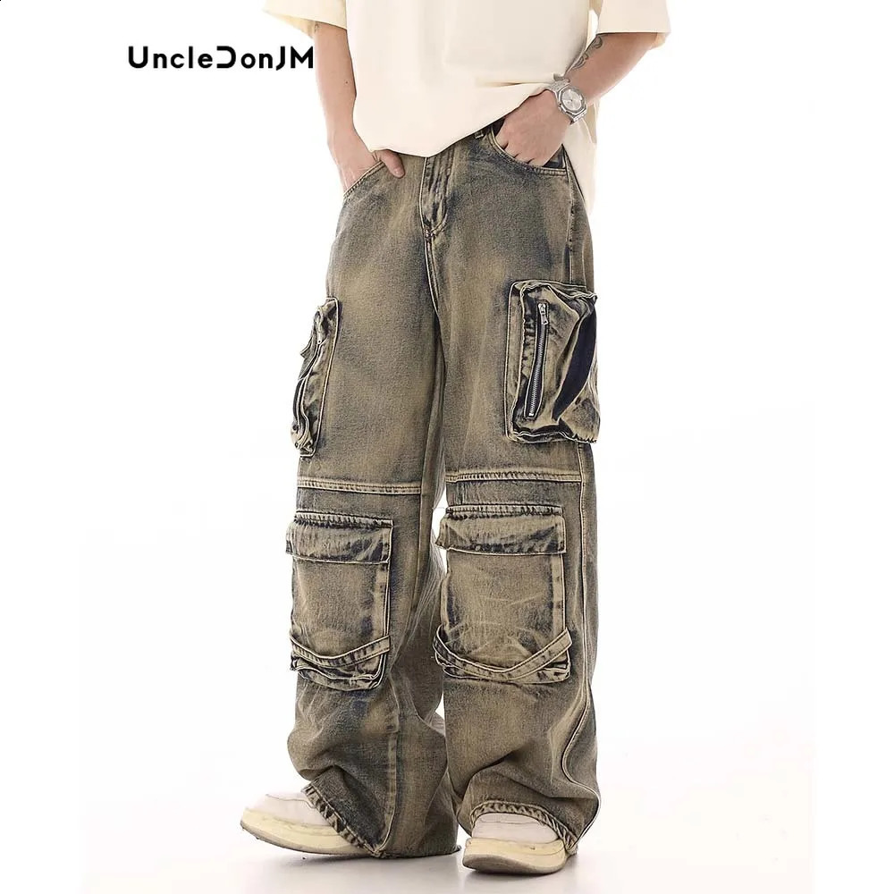 Style Multi Pocket Denim Workwear Pants Mens Loose Straight Leg Pants Heavyweight Baggy Jeans 240816