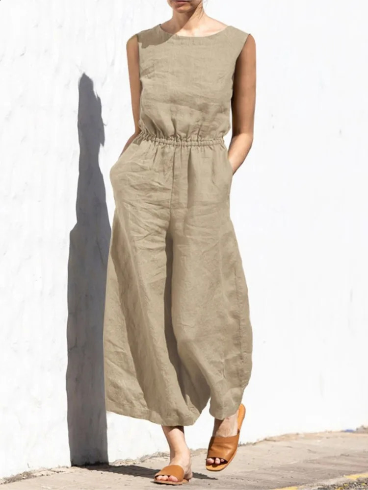 Cotton And Linen Jumpsuit Women Solid Color Sleeveless Pocket High Waist Wide Legs Jumpsuits Casual Commuting Ladies Bodysuits 240816