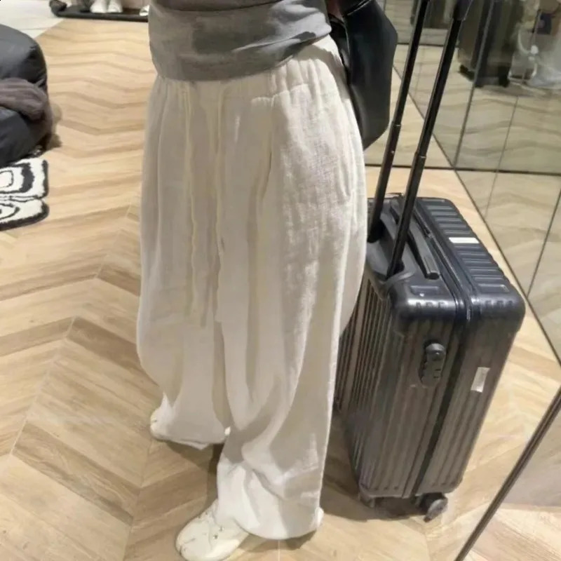 Deeptown White Basic Linen Women Pants Elastic Waist Harajuku Korean Fashion Baggy Trousers Female Thin Oversized Casual Summer 240816