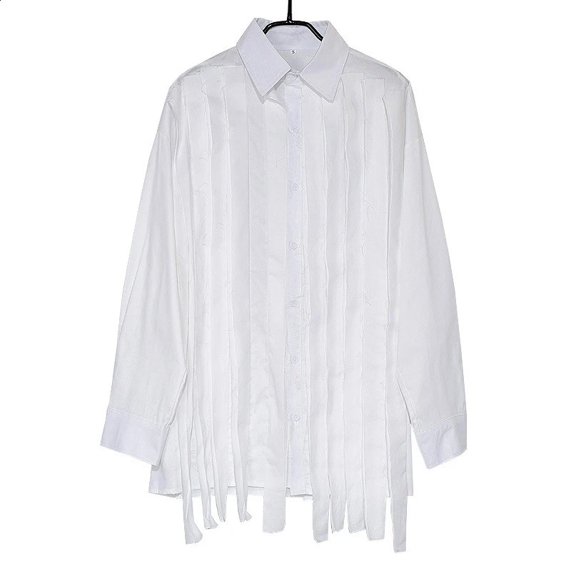 IEFB Large Loose Patchwork Fringed Ribbon Long Sleeve Irregular Shirt Single Breasted Simple Temperament 9A3172 240816