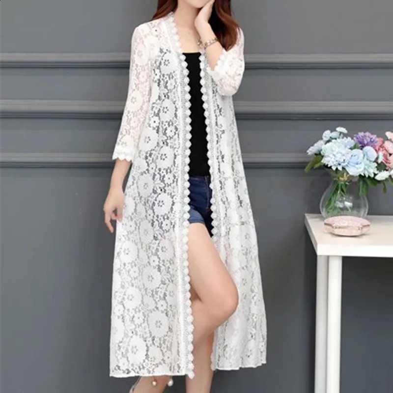 Women Lace Cardigan Mid-length Summer Mesh Shawl Loose Over-the-knee Sun Protection Clothing Women Shirt Outerwear 240819