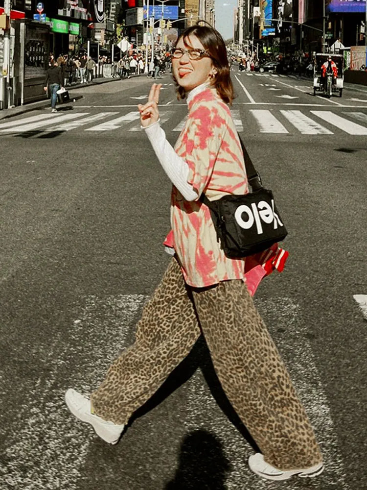 Y2k Leopard Pattern Womens Pants Spring Chic Loose High Waist Wide Leg Black Fashion Street Jean Trousers 240819