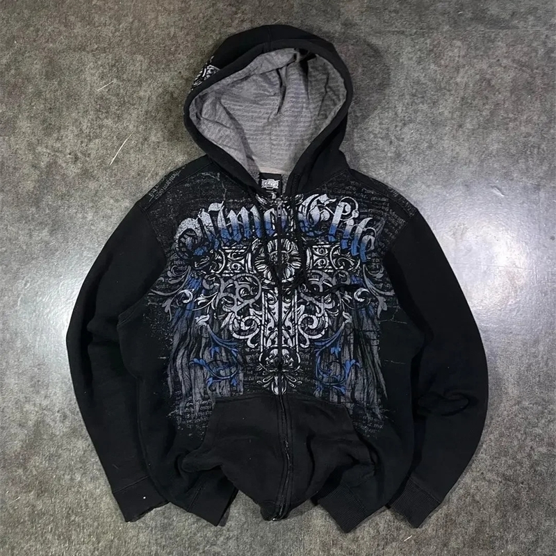 Womens Hoodie Y2K Cyber Grunge Emo Zip Up Sportswear Retro Graphic Printing Kpop Fashion Gothic Womens Wear 240819