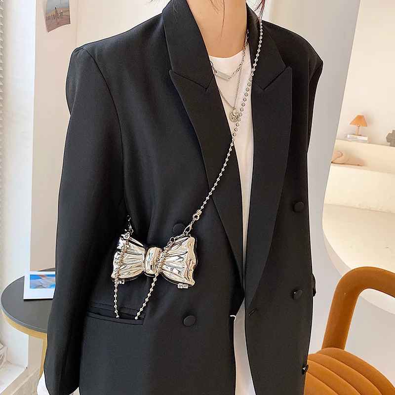 Metal Mini Bow Crossbody Bags For Women Fashion Silver Gold Shoulder Bag Women Bags Clutch Bag Lipstick Purses Coin Bags 250106