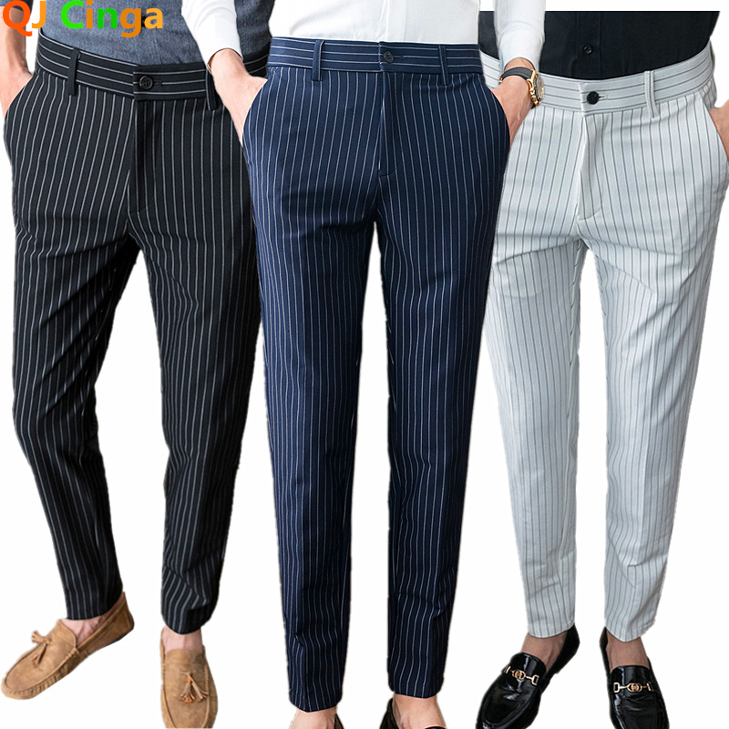 White vertical stripe set pants mens blue black Trouser fashion ultrathin business Hombre autumn pancake 240816