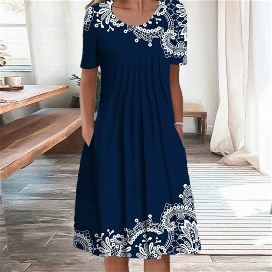 Elegant Dress Women Casual Temperament Dress Women Short Sleeves Loose Dresses Weekend Holiday 240816
