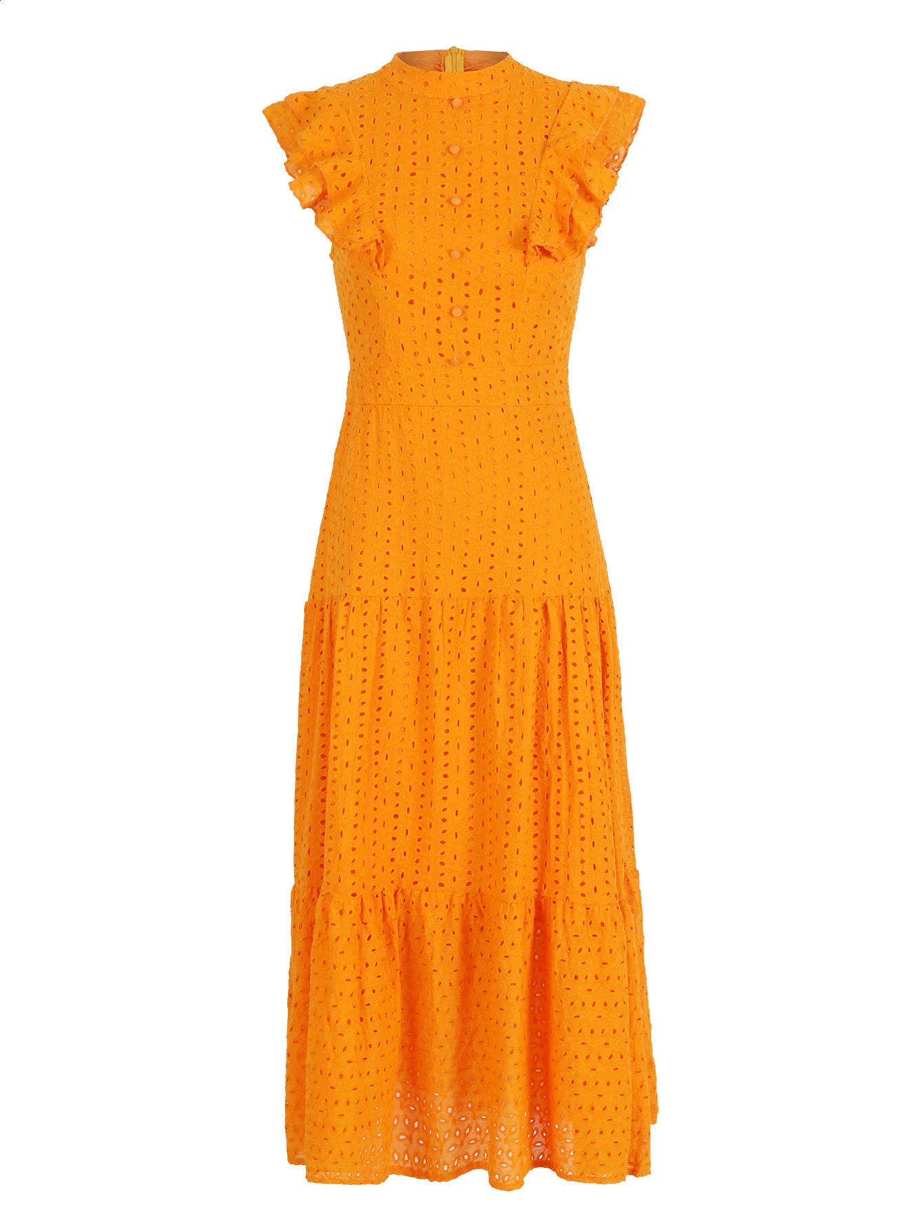 Bohemian Solid Hollow Out Elegant Women Dress O Neck Flying Sleeve Button Long Dress Summer Chic Casual Beach Women Clothing 240816