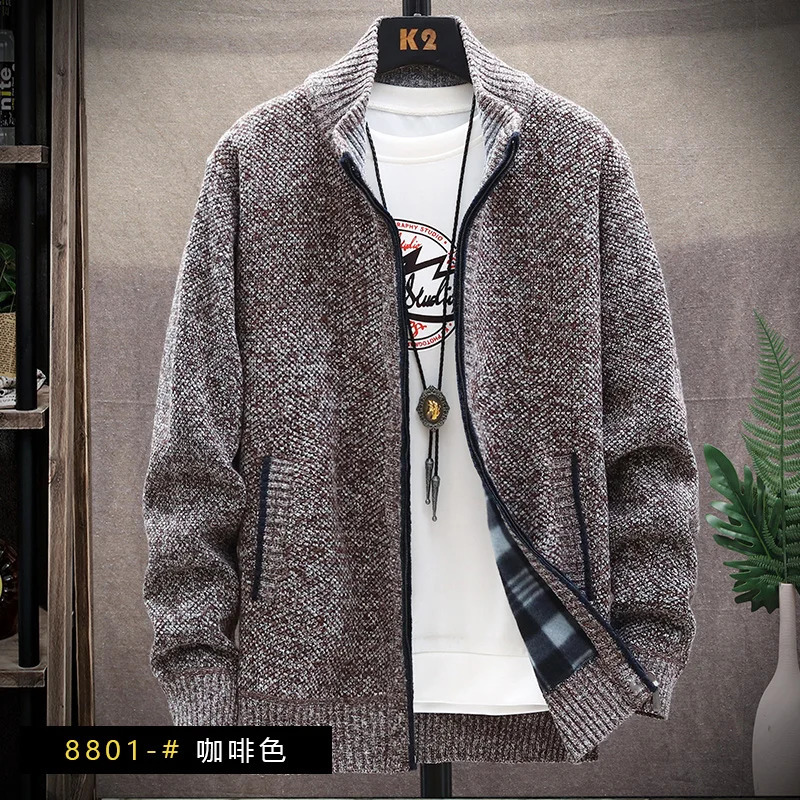 Mens Winter Autumn Fleece Sweater Zipper Cardigan Korean Warm Jacket Coat Sports Male Jumper Knit Clothing Brown Jacket 240816