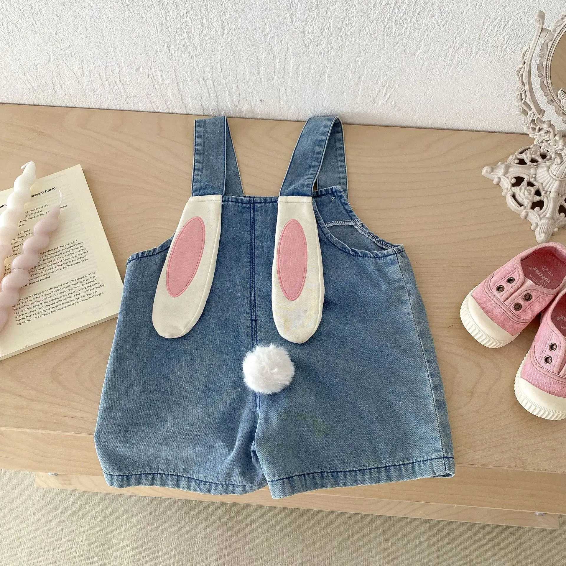 2024 Summer Baby Coat Cute Rabbit Ears Childrens Cowboy jumpsuit Korean Baby Boys and Girls Fashion Preschool Cowboy Shorts Coat W240806