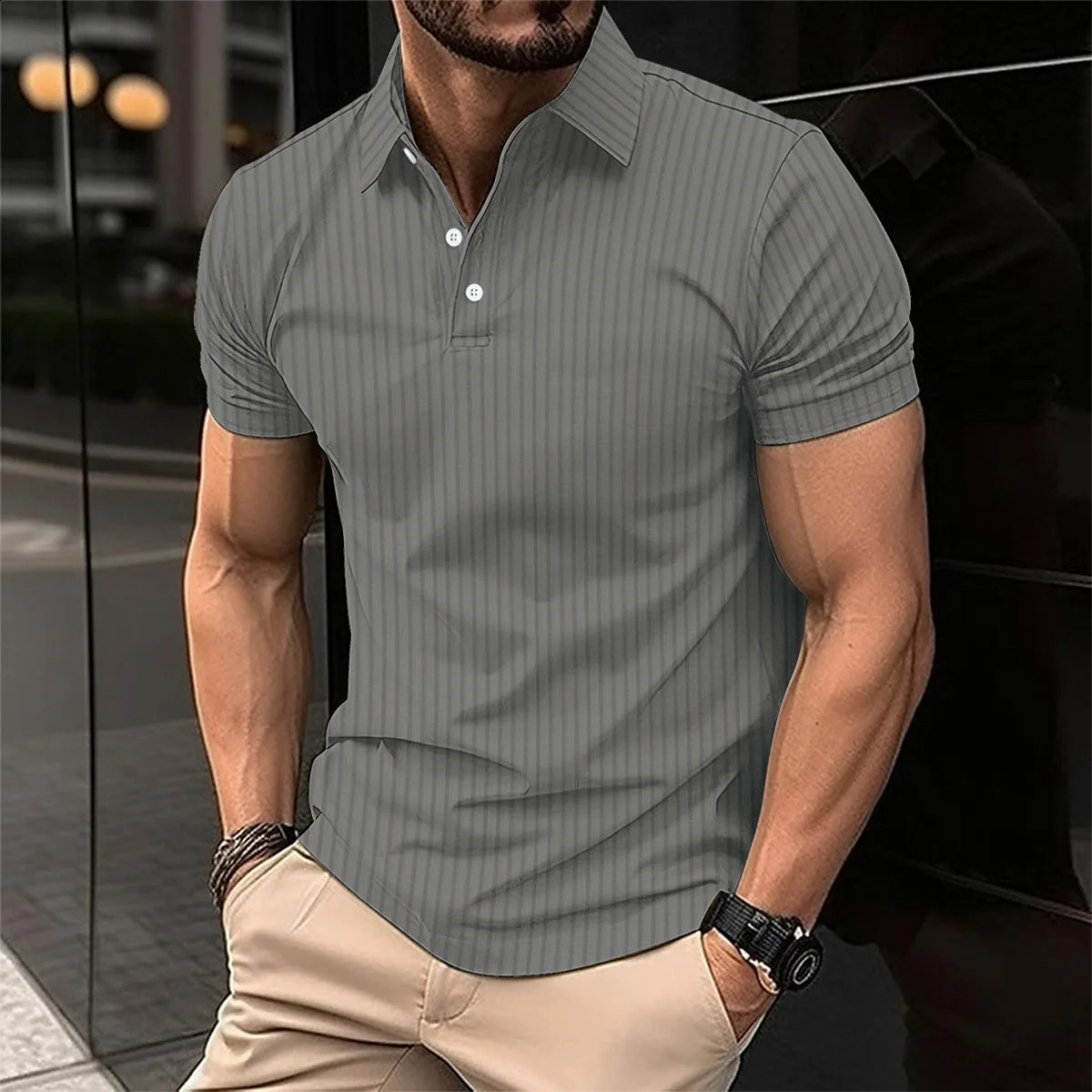 Summer mens polo shirt solid color button short sleeve striped lapel T-shirt casual breathable top mens wear Color Black S-3XL 240816