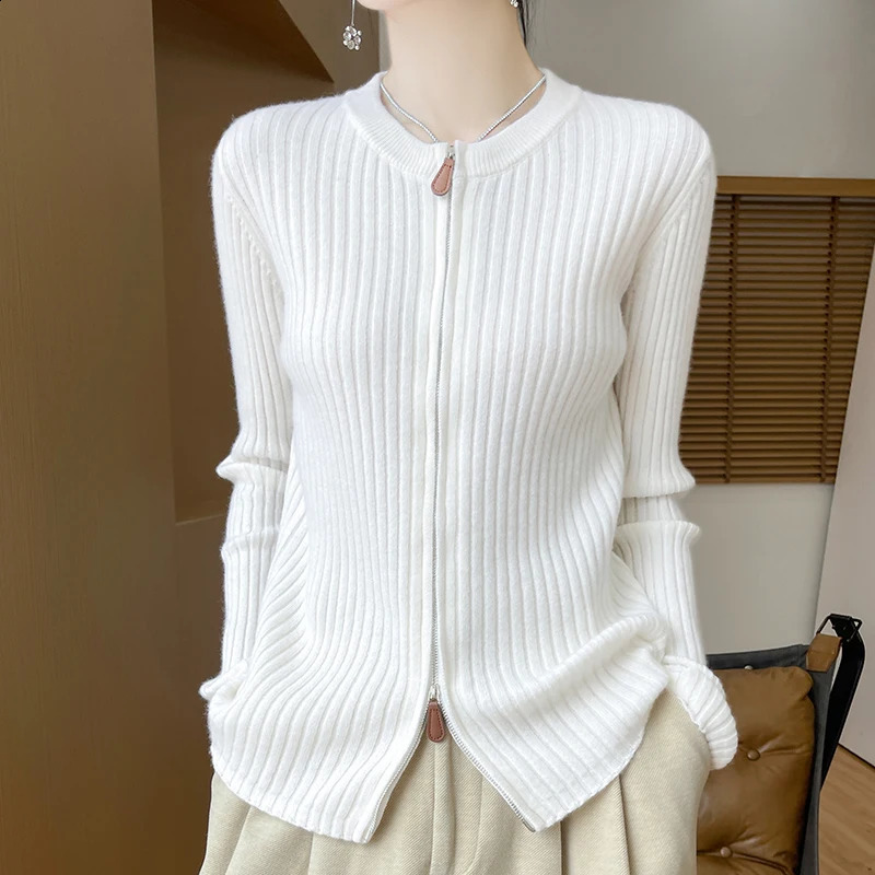 Womens Cardigan Autumn/Winter 100% Pure Wool Sweater Thickened Casual Zipper Knitted Clothes Round Neck Fit Tops Basic Blouse 240824