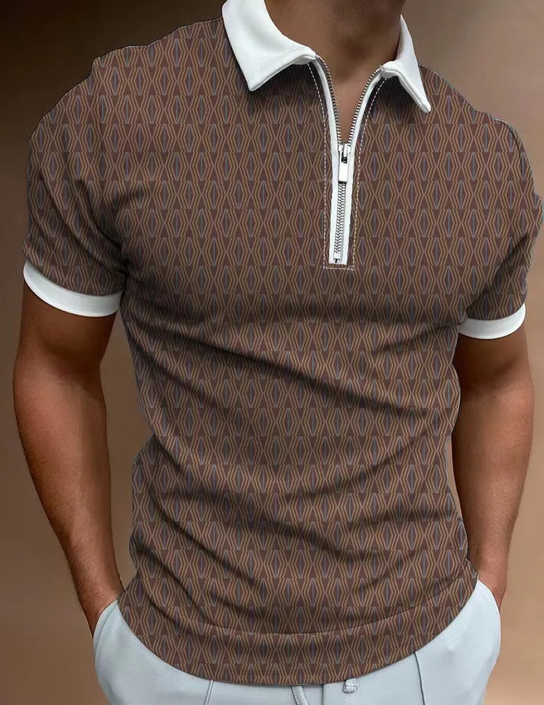 Summer business fashion lapel slim fit casual knit Tshirt Mens Sports Fitness High quality printed zipper breathable Polo shir 240819