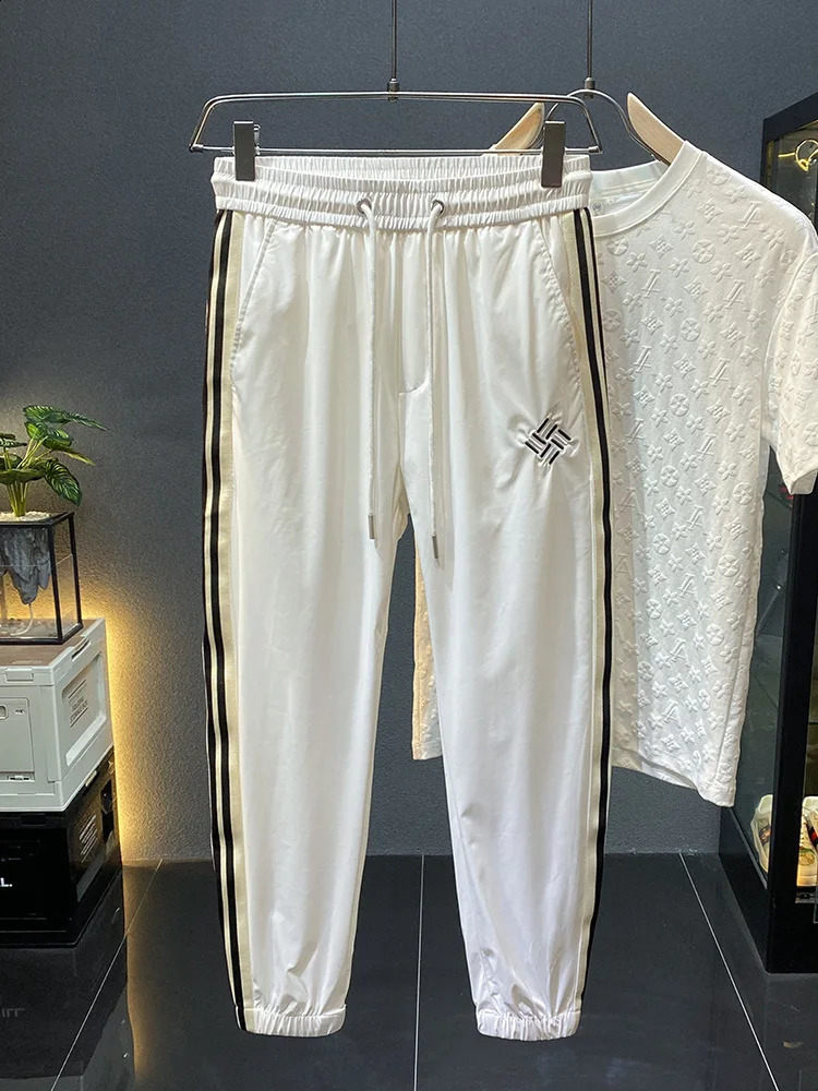 Ice Silk Casual Pants Mens Summer Thin and Soft Elastic Breathable Sports Quick-Drying Ankle Length Jogger Pants 240819