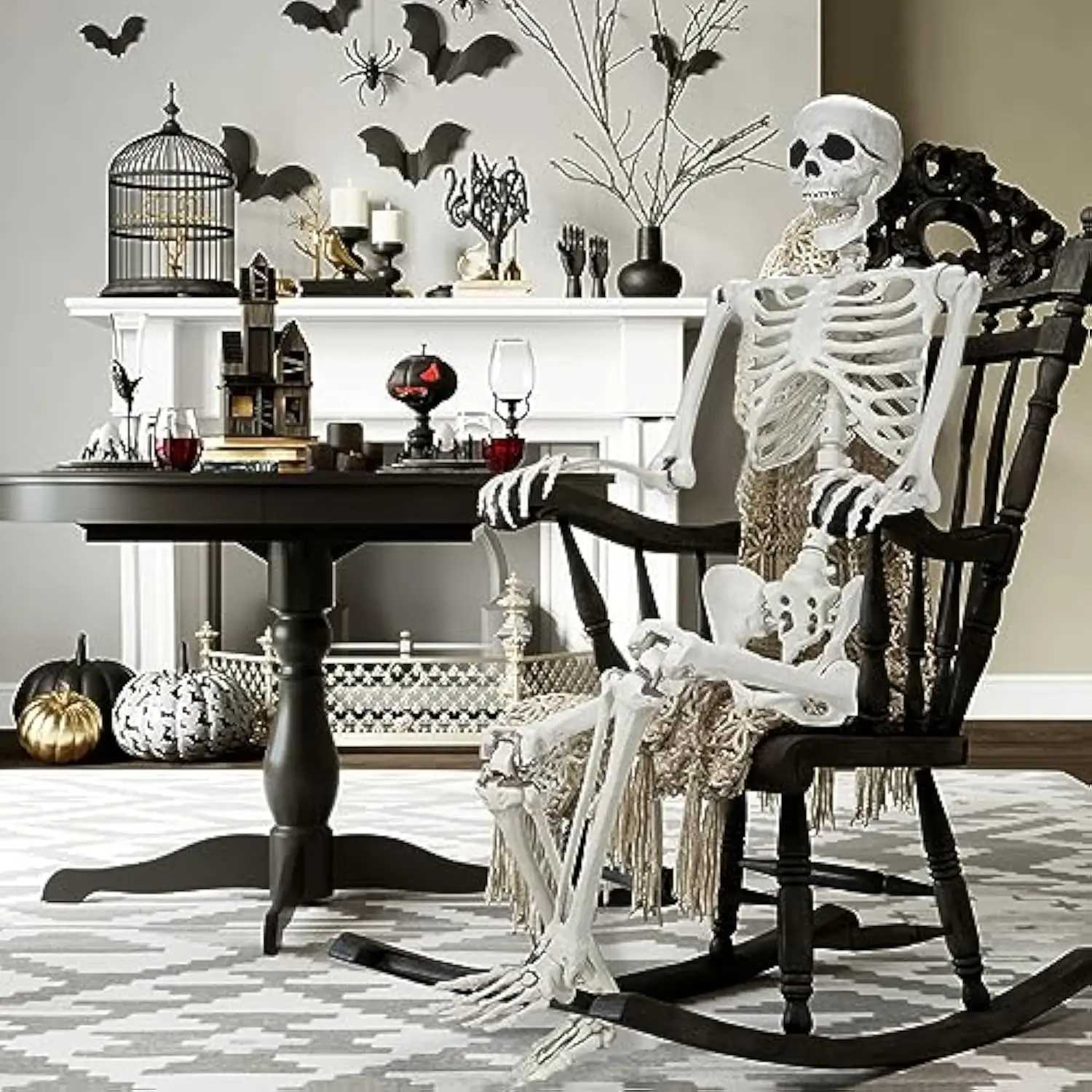 New 165cm Halloween Life Size Skeleton Plastic Skeleton Poseable Joints Realistic Skull Human Bones Cemetery Haunted House Decor CL240819