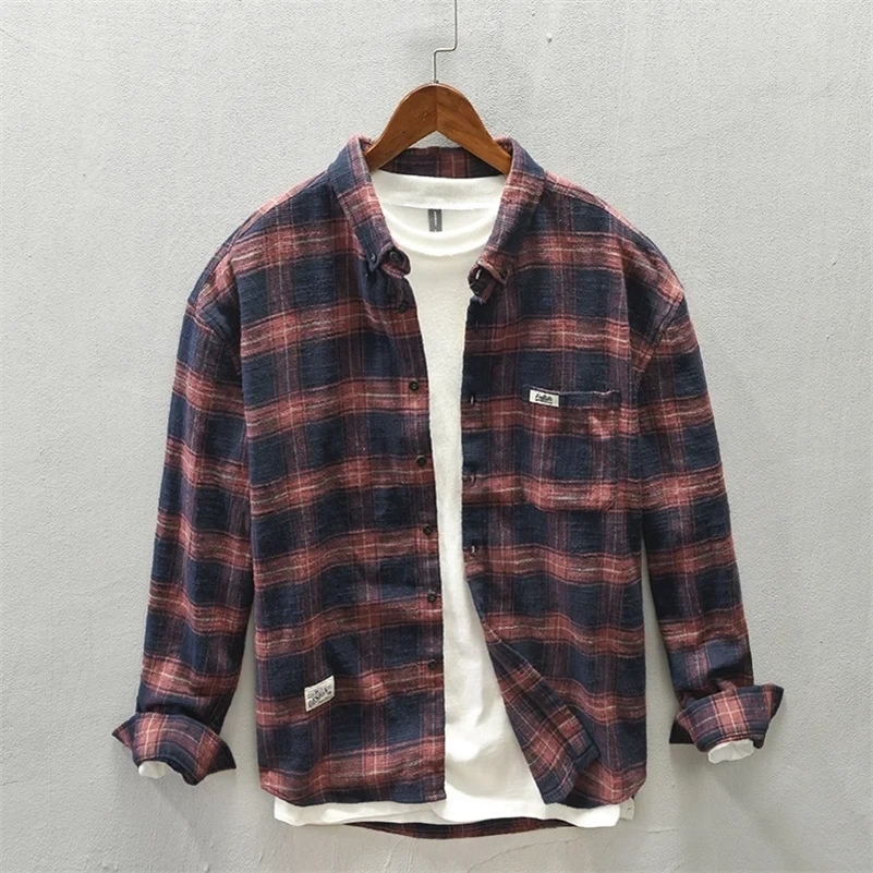 Men Clothing Japanese Striped Plaid Spring Autumn Long-sleeved Shirt Mens Casual Loose Top Youth Cotton Shirt Coat 2