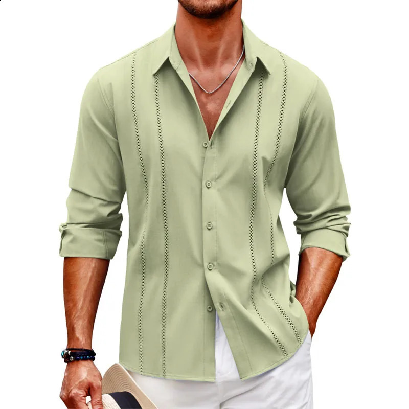 Simple casual lace long sleeve shirt cross-border beach linen button mens long sleeve solid color plus-size shirt 240816
