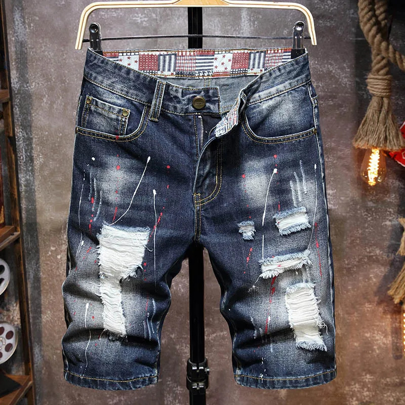 Summer Cotton Shorts Plus Size 28-40 Patchwork Denim Pants Streetwear Stacked Mens Ripped Short Graffiti Painted Jeans 240819