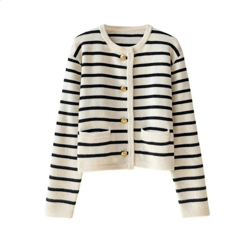 Womens long sleeved round neck button up front striped knitted cardigan wool sweater 240819