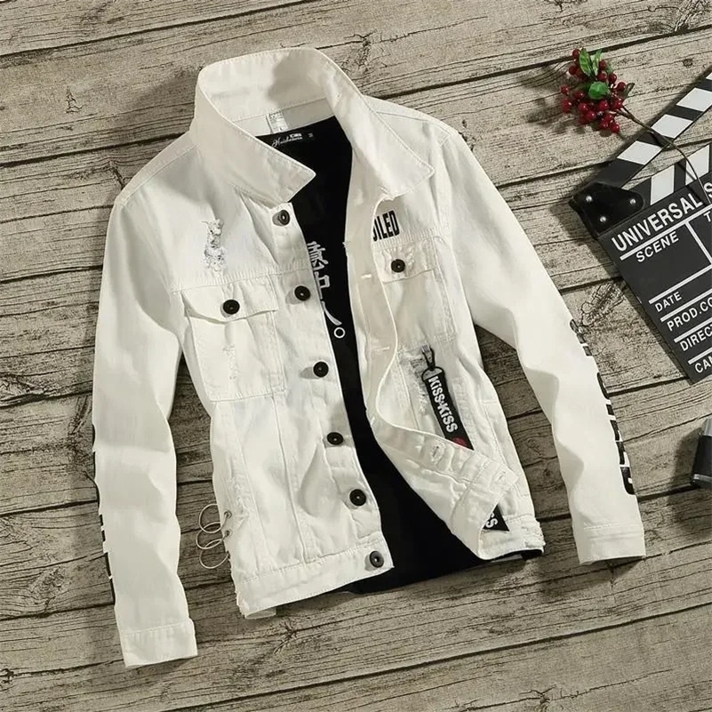 Denim Jackets Man Punk Ripped Jeans Coat for Men Slim Fit with Print Hole Winter Price Stylish on Board Fast Delvery 240816