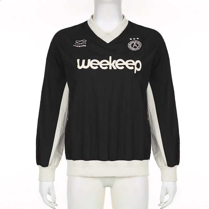 Letter Print American casual hoodie womens loose Vneck contrasting color fullcolor floral baseball top 240814