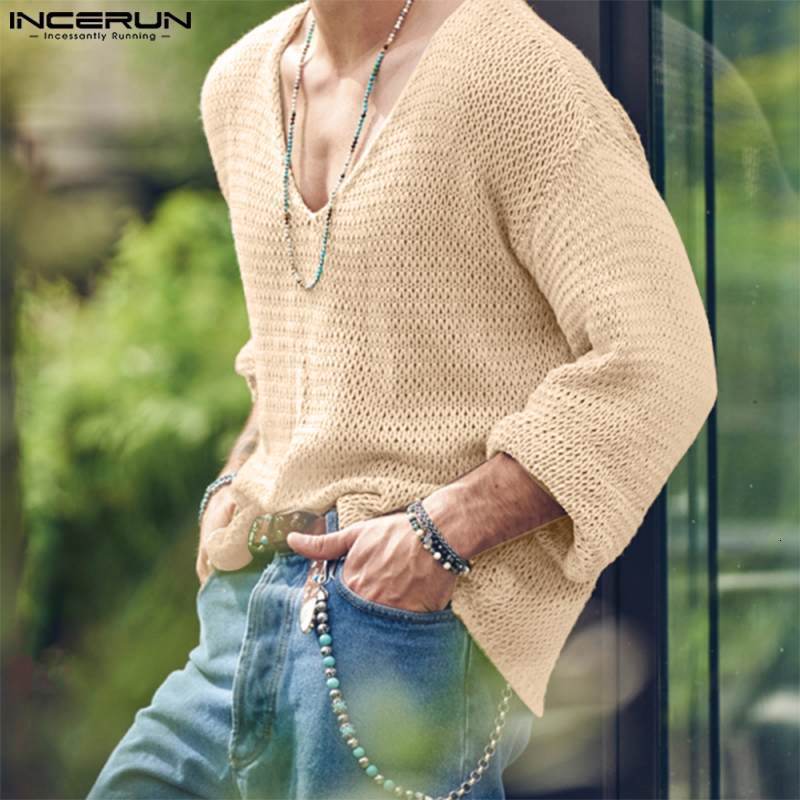INCERUN Mens Tshirt Solid color Knitted Vneck Long sleeved Casual Street Clothing Hollow Loose Camisetas S5XL 240816
