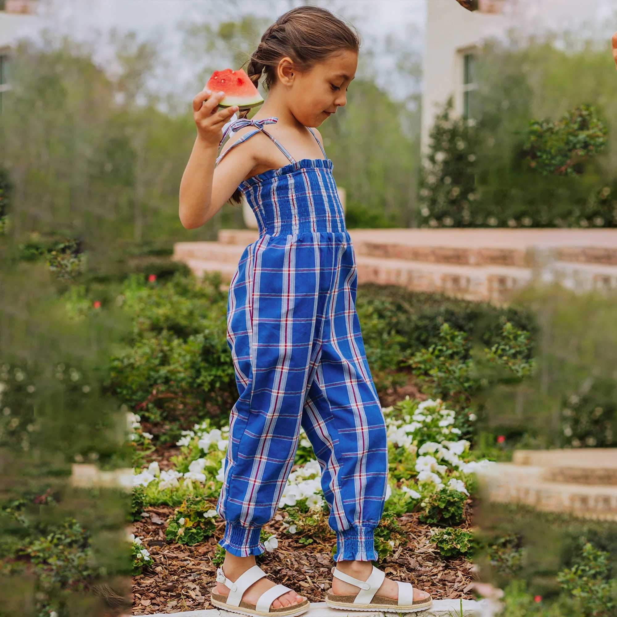 Sweet Girls Plaid Bow Decor Cami jumpsuit summer party gift W240806