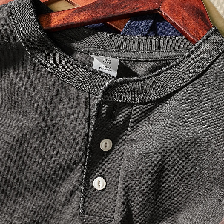 Summer American Retro Tough Guy Henry Collar T-shirt Mens Fashion Simple 100% Cotton Washed Short Sleeve Casual Sport Tops 240816