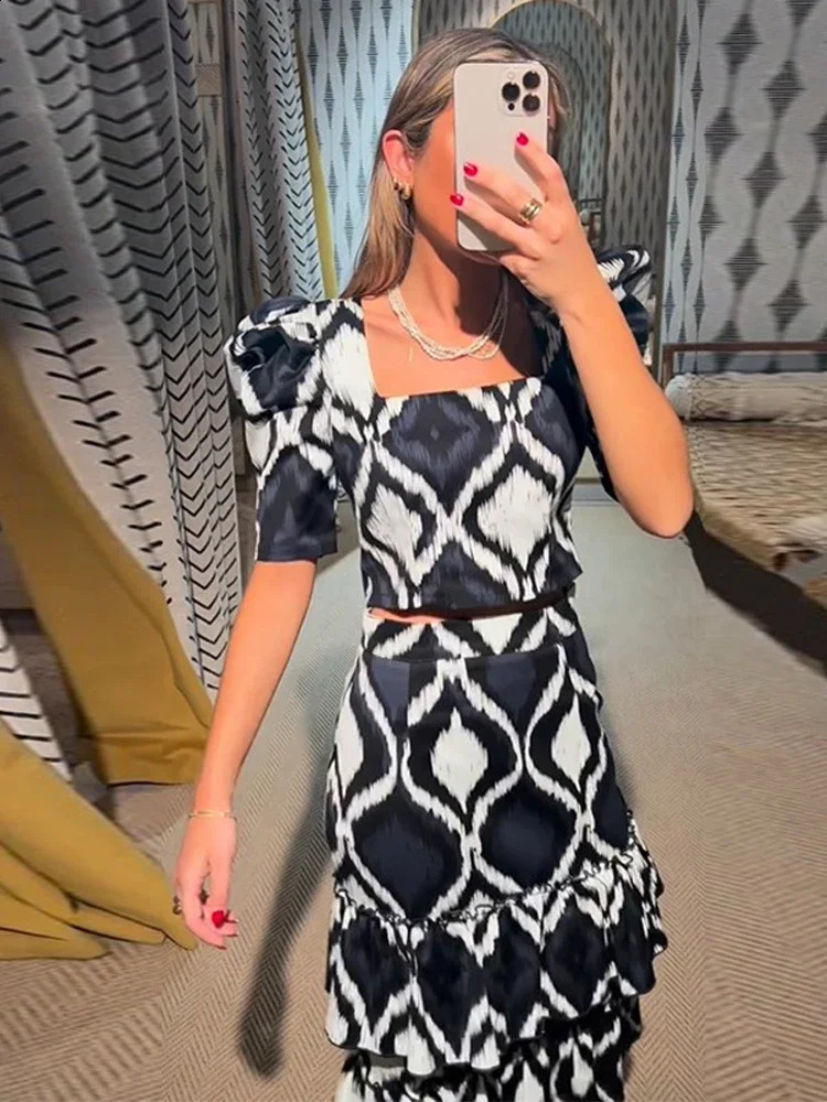 Fashionable Ruffle Printed Top Set Elegant Womens High Waist Skirt Two Piece Summer 240816