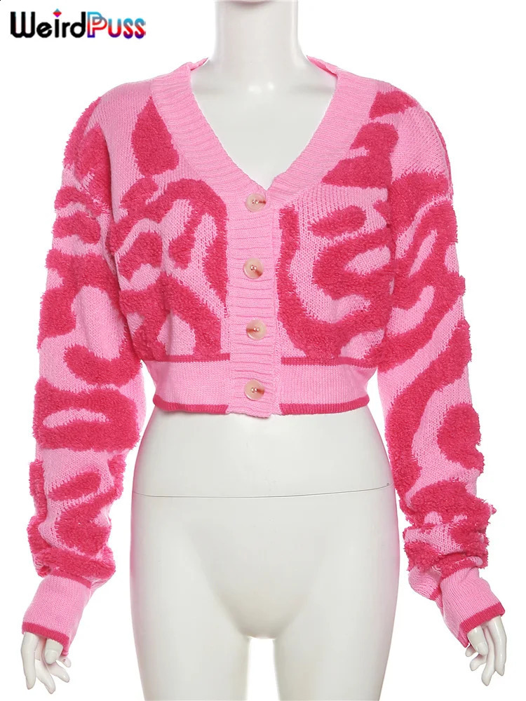 Weird Puss y2k Sweet Cardigan Sweater Women V-Neck Button Autumn Stylish Casual Long Sleeve Warm Wild Streetwear Knit Jumper 240812