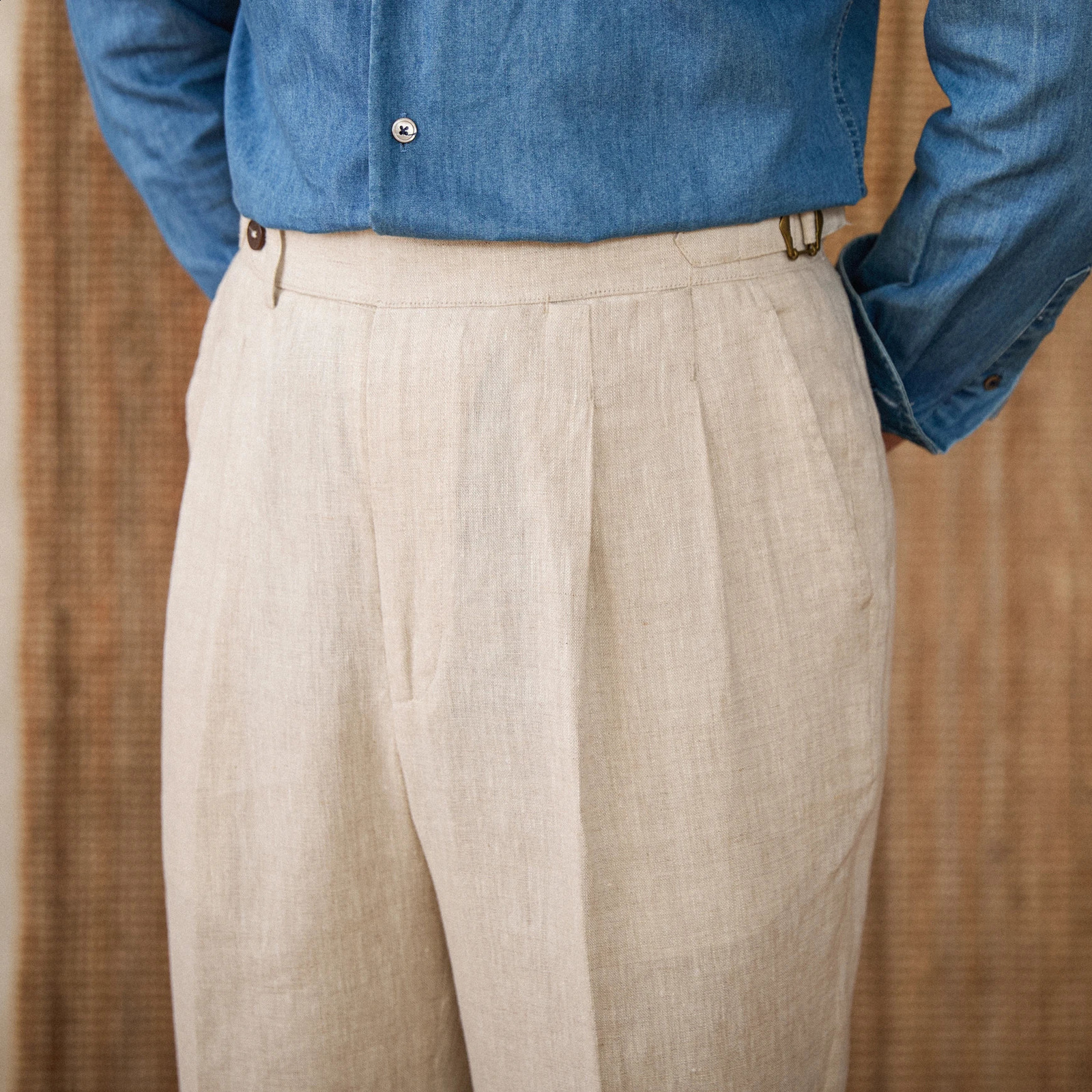 Commercial style Naples breathable 100% linen mens casual double pleated high waisted straight fashion suit pants 240828