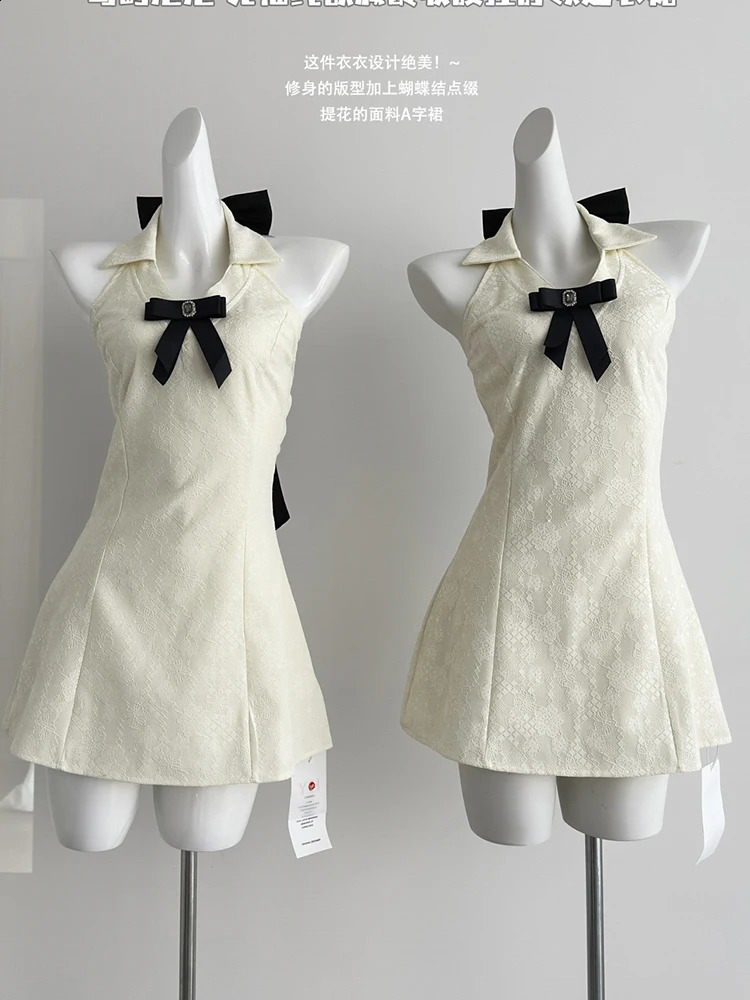 Summer French Vintage Prom Gown Old Money Mini Sleeveless Bow Dress Women Backless Frocks One-Piece Party Elegant Evening Gyaru 240819