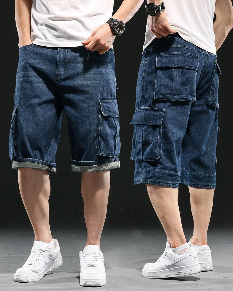 Retro Yellow Multi Pocket Work Cargo 7 Point Denim Shorts Mens Wide-leg Loose Fat Jeans Shorts Plus Size 42 44 240816