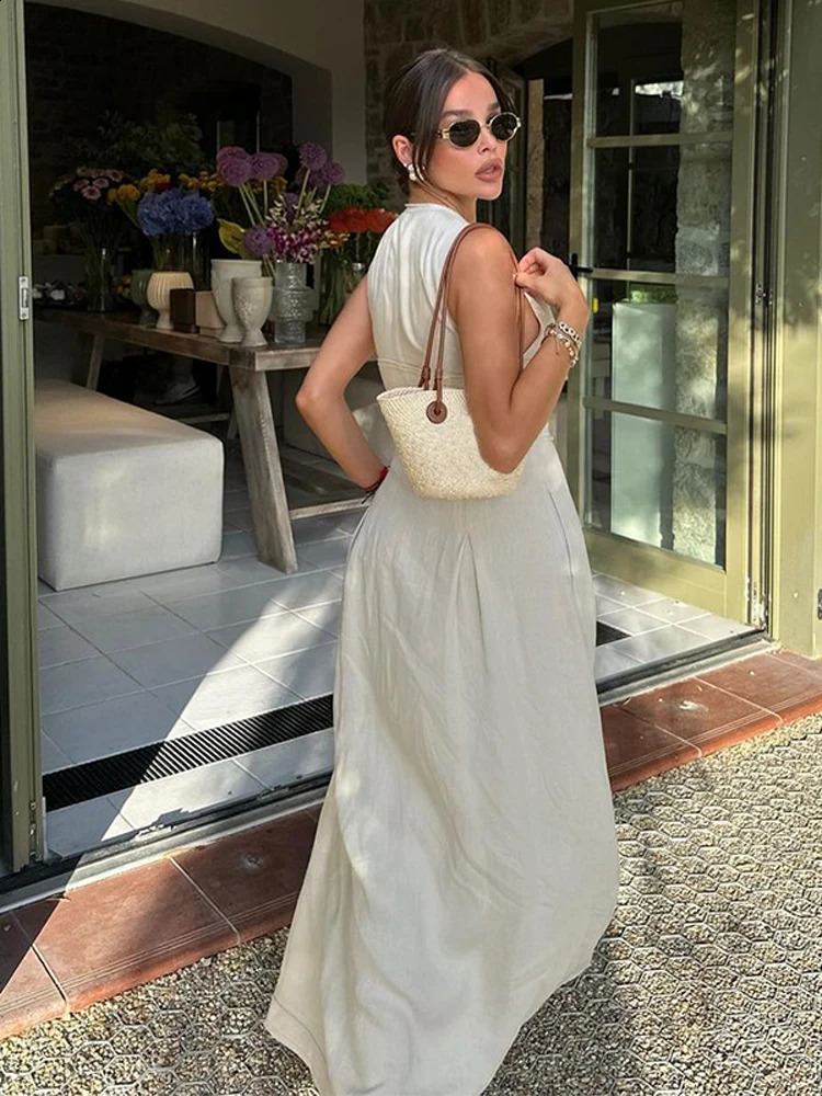 Fashion Sleeveless Spliced Zipper Maxi Dress Elegant V-neck High Waist Slim Pleated Long Dresses Summer Office Lady Street Robes 240816