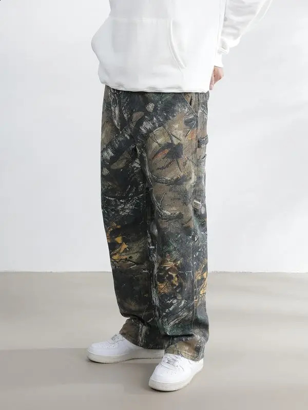 American Outdoor Straight Leg Personalized Branch Camo Retro Workwear Pants for Men and Women Hip Hop Loose Casual Pants 240819