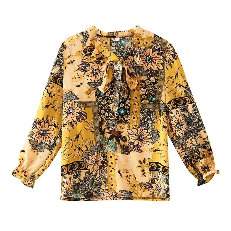 SpringSummer Korean Edition Elegant Loose Long Sleeve Printed Vneck Bow Womens Top 240814