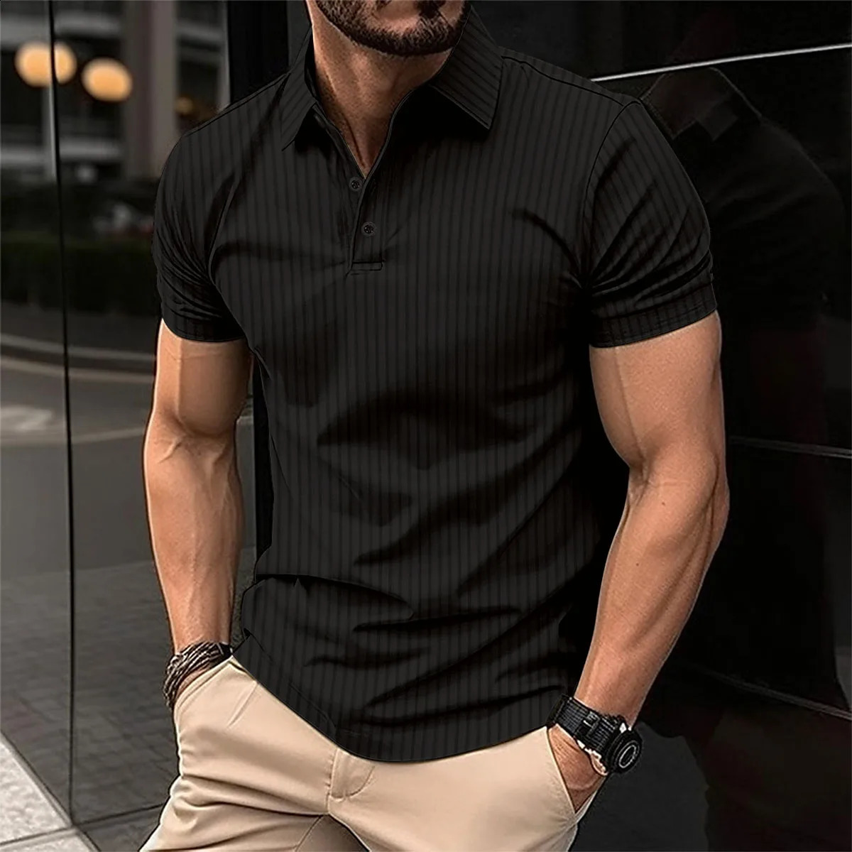Summer mens polo shirt solid color button short sleeve striped lapel T-shirt casual breathable top mens wear Color Black S-3XL 240816