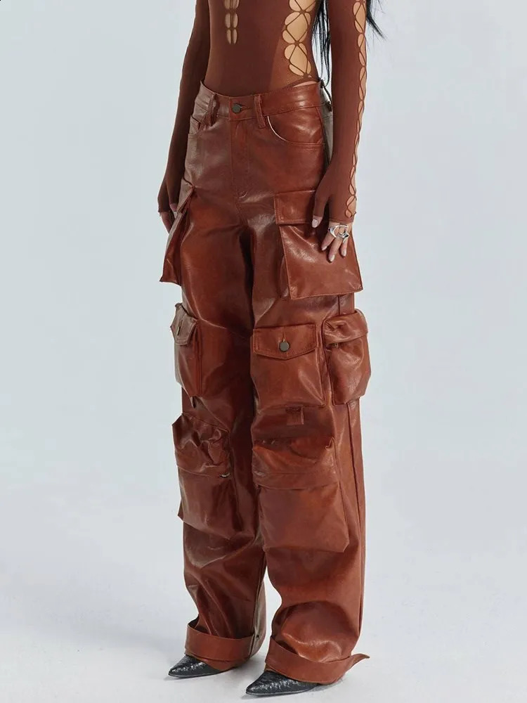 Solid Loose Spliced Pockets Streetwear Pant For Women High Waist Patchwoek Zippers Pu Leather Trousers Female Autumn Clothes 240816