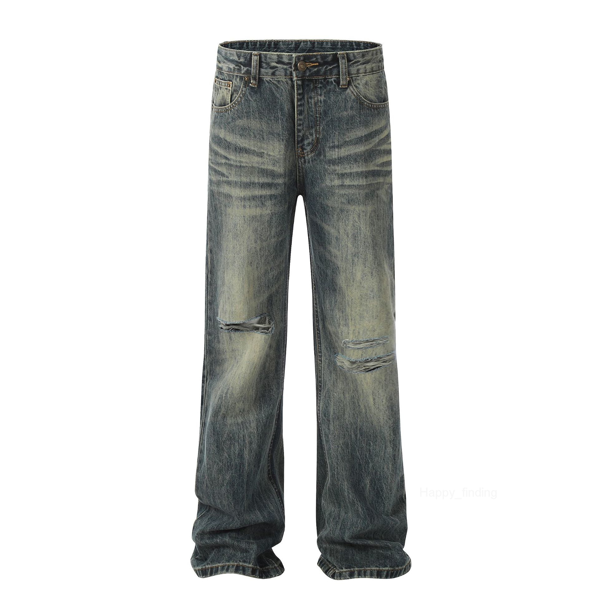 American Street Yellow Mud Washed Distressed and Sagging Jeans for Both Men and Women