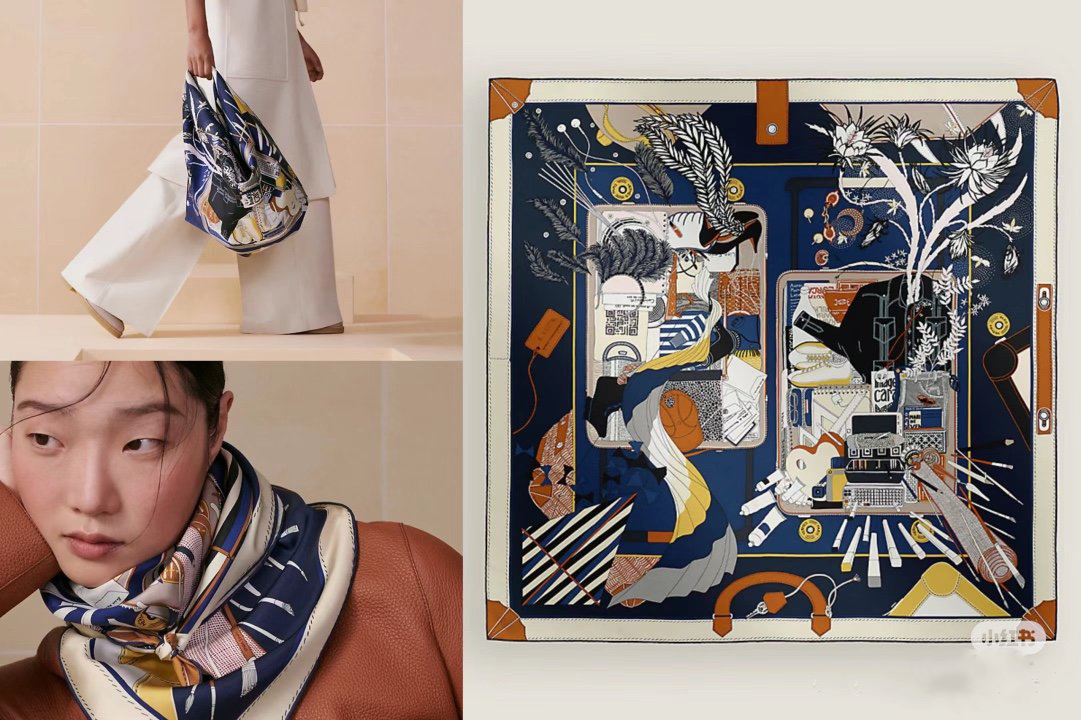 24SS 18mm Silk H 90*90cm Designer scarf100% silk twill square Two-sided two-color suitcase pattern Women's shawl Four Seasons scarf blue