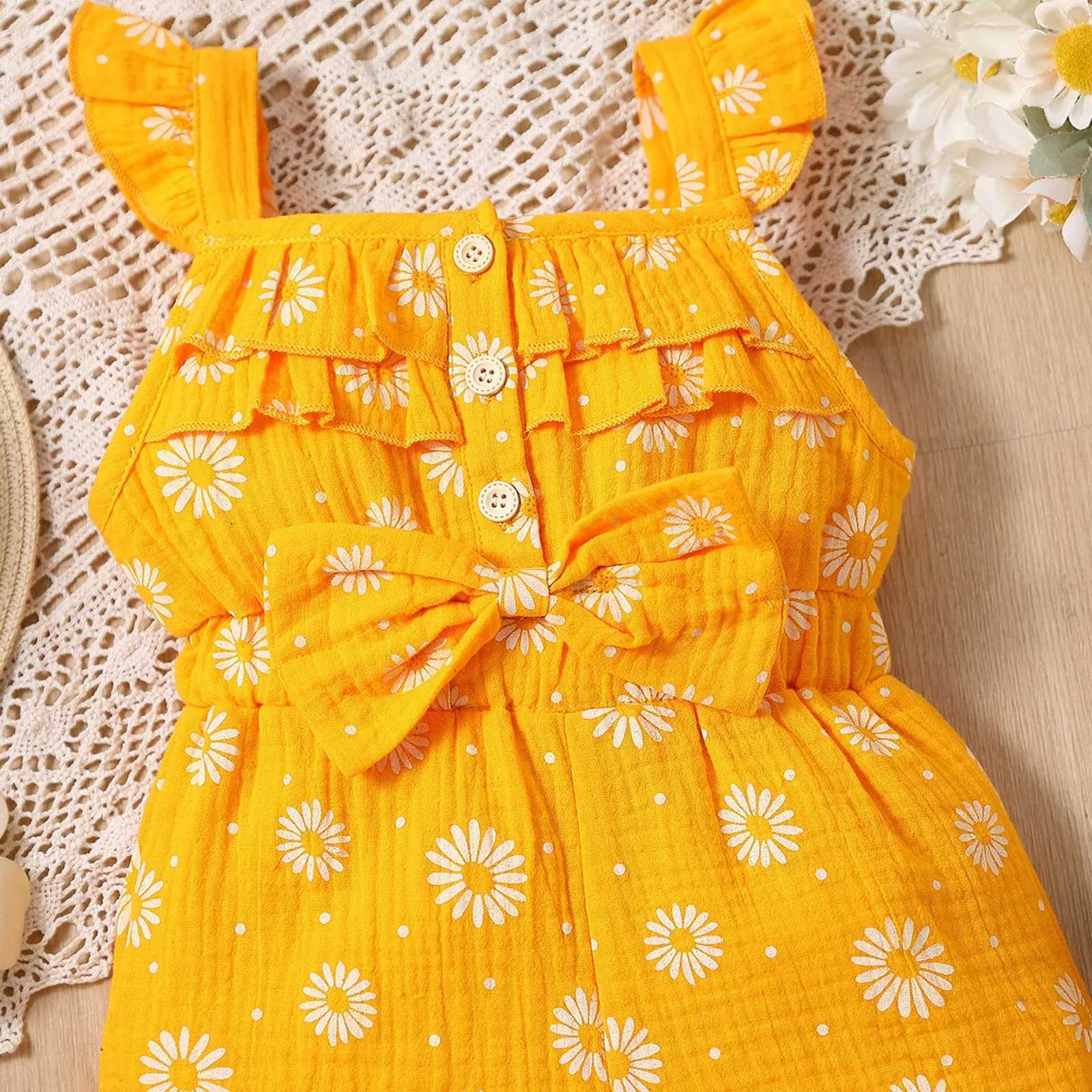 Sun Flower Small Flying Sleeve Yellow Bow Summer Jumpsuit Girls Sut Baby Summer Dress W240806