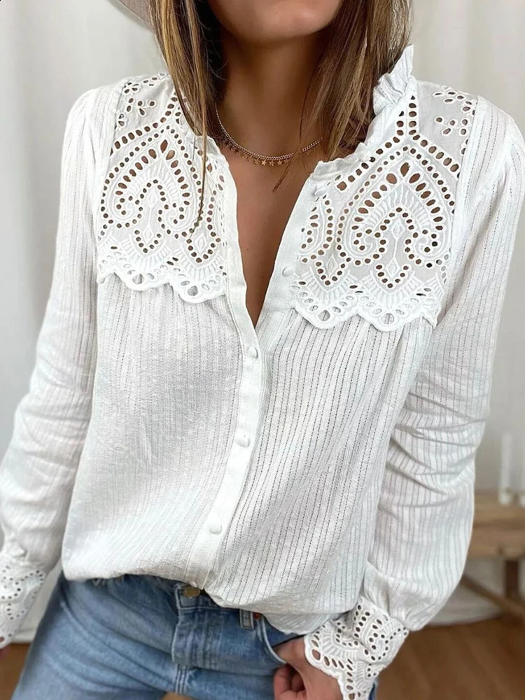Elegant solid hollow lace shirt sexy womens lapel office single chest button up top 240814